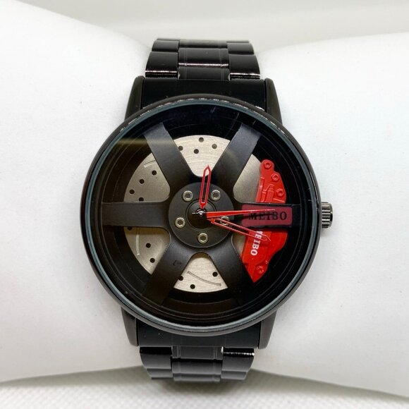 Meibo men Car Wheel dial Watch black tone 43mm round case quartz 7.5” running - Picture 1 of 7